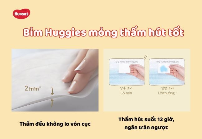 Bỉm Huggies mỏng thấm hút suốt 12h