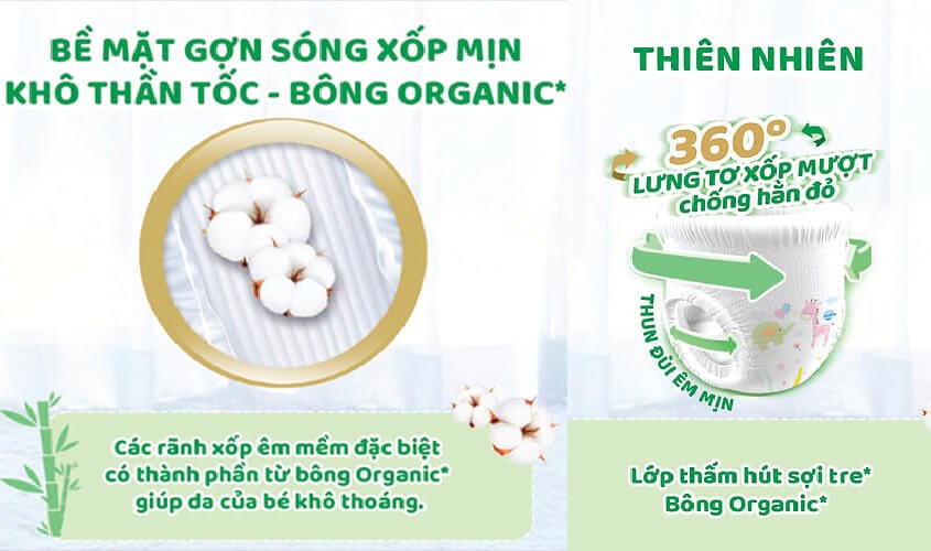 Điểm đặc biệt của Molfix là bề mặt mềm mại kết hợp sợi tre và bông Organic