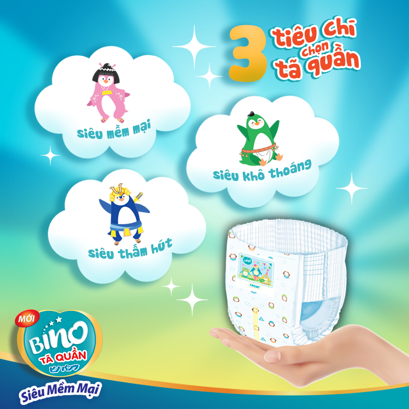 Tã quần Bino siêu mềm mại - siêu thấm hút - siêu khô thoáng