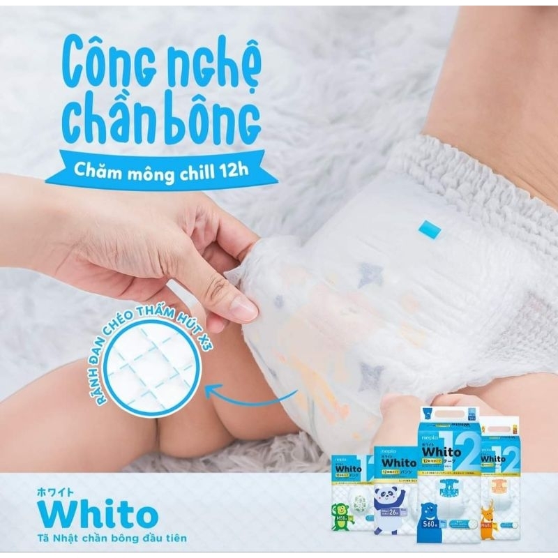 Bỉm Whito sử dụng Công nghệ trần bông thấm hút đến 12h