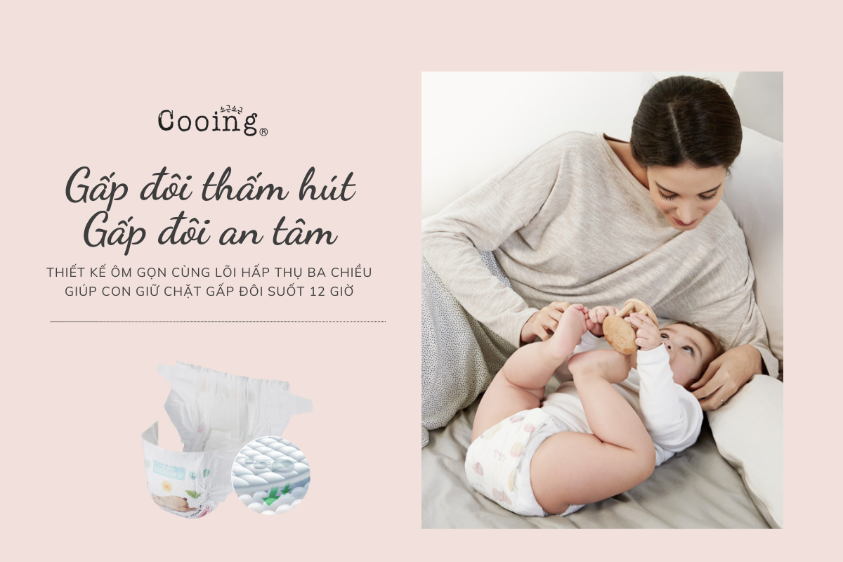 Bỉm Cooing thiết kế ôm gọn khóa chặt chất lỏng