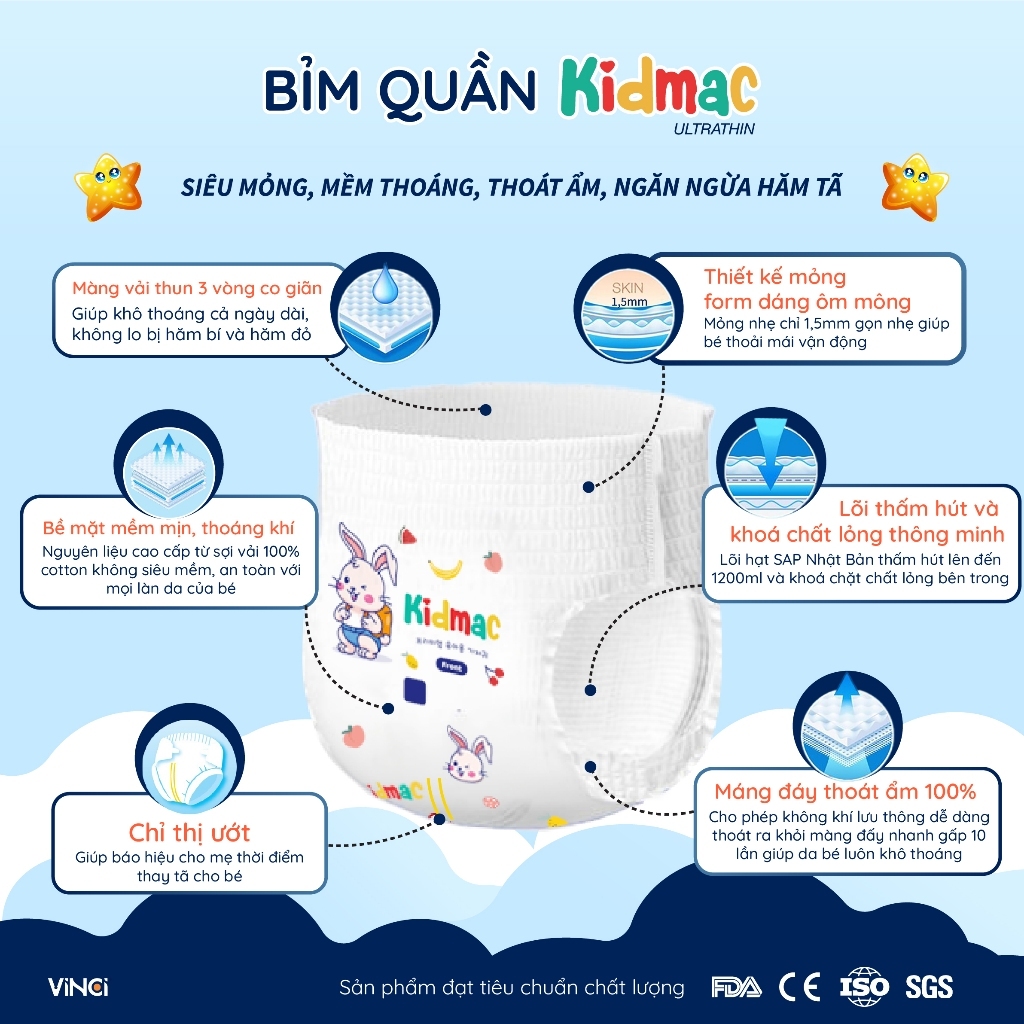 Bỉm Kidmac siêu mỏng, mềm thoáng, thoát ẩm, ngăn ngừa hăm tã
